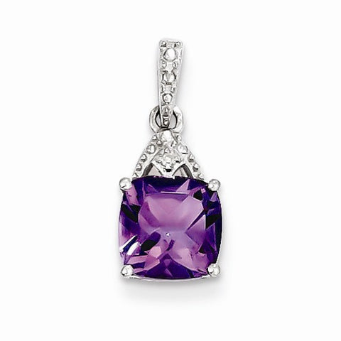 Sterling Silver Rhodium Plated Diamond Amethyst Cushion Pendant, Pendants for Necklace
