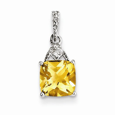 Sterling Silver Rhodium Plated Diamond Citrine Cushion Pendant, Pendants for Necklace