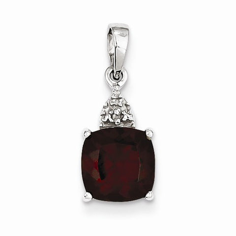 Sterling Silver Rhodium Plated Diamond Garnet Cushion Pendant, Pendants for Necklace