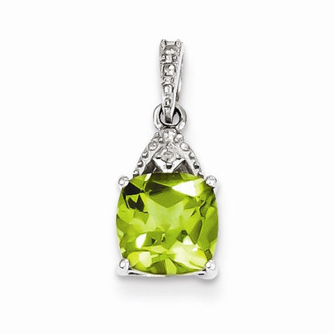 Sterling Silver Rhodium Plated Diamond Peridot Cushion Pendant, Pendants for Necklace