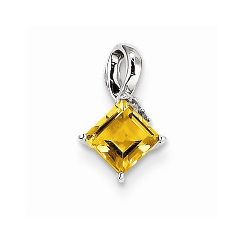 Sterling Silver Rhodium Plated Diamond and Citrine Pendant, Pendants for Necklace