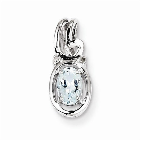 Sterling Silver Rhodium Plated Diamond Aquamarine Oval pendant, Charm