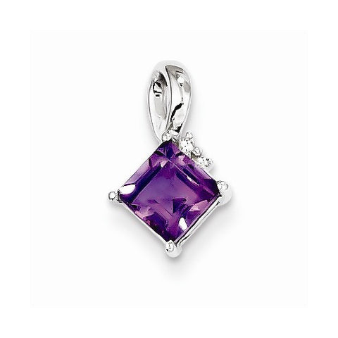 Sterling Silver Rhodium Plated Diamond & Amethyst Square Pendant, Pendants for Necklace
