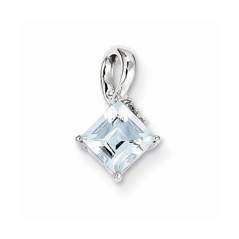 Sterling Silver Rhodium Plated Dia. & Aquamarine Square pendant, Stylish Pendants for Necklace