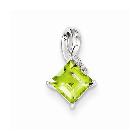 Sterling Silver Rhodium Plated Diamond & Peridot Square pendant, Charm
