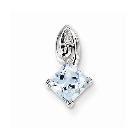 Sterling Silver Rhodium Plated Dia. & Aquamarine Square pendant, Dazzling Pendants for Necklace