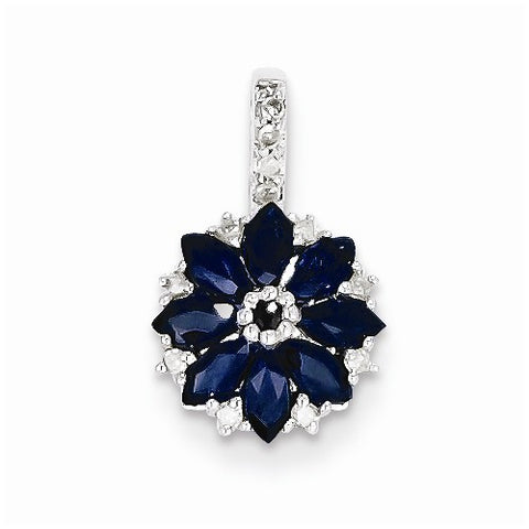 Sterling Silver Rhodium Plated Diamond & Sapphire Flower Pendant, Pendants for Necklace