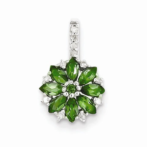 Sterling Silver Rhodium Plated Diamond & Tsavorite Flower Pendant, Pendants for Necklace