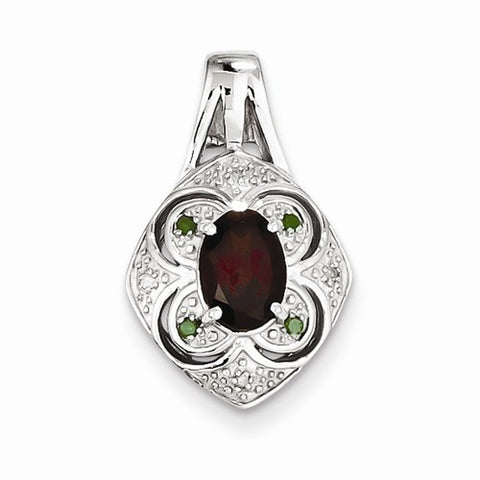 Sterling Silver White/Green Diamond & Garnet Oval Pendant, Pendants for Necklace