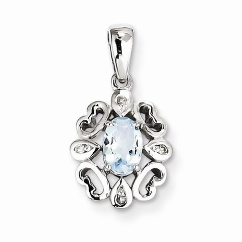 Sterling Silver Rhodium Plated Dia. & Aquamarine Oval pendant, Adorable Pendants for Necklace