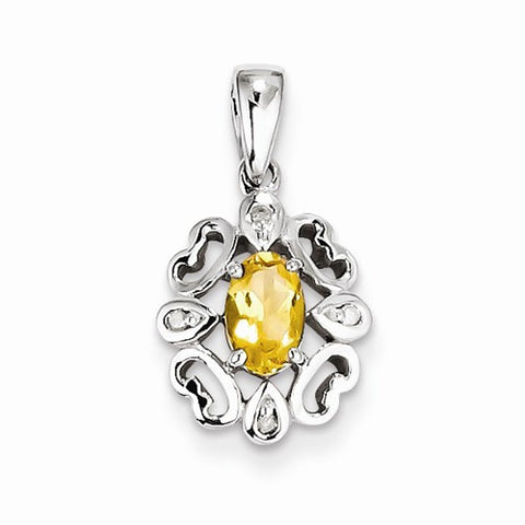 Sterling Silver Rhodium Plated Diamond & Citrine Oval pendant, Beautiful Pendants for Necklace