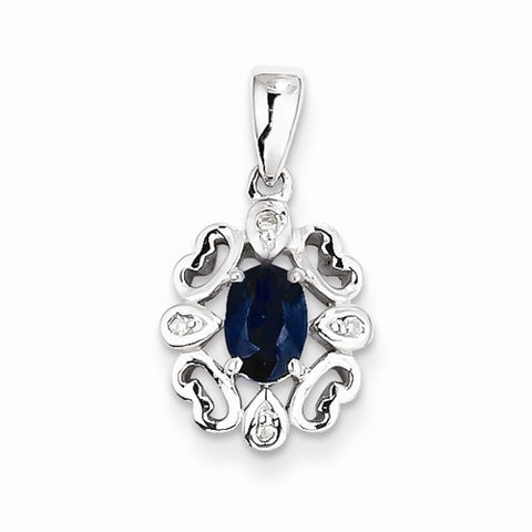 Sterling Silver Rhodium Plated Diamond & Sapphire Oval pendant, Fine Pendants for Necklace
