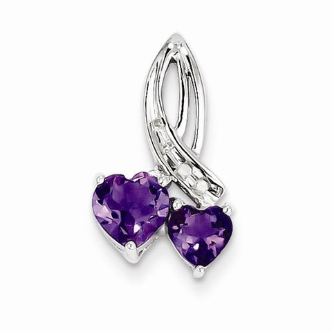 Sterling Silver Rhodium Plated Dia. Amethyst Double Heart Pendant, Pendants for Necklace