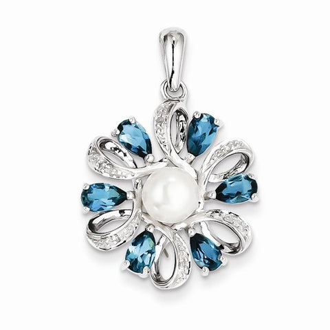 Sterling Silver Rhodium Plated Dia. and London BT Flower Pendant, Pendants for Necklace