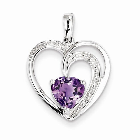 Sterling Silver Rhodium Plated Diamond & Amethyst Heart pendant, Lovely Pendants for Necklace