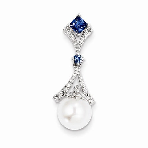 Sterling Silver Rhodium Plated Dia. Cr. Sapphire FWC Pearl Pendant, Pendants for Necklace