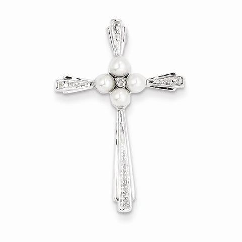 Sterling Silver Rhodium Plated Diamond FWC Pearl Cross pendant, Stylish Pendants for Necklace