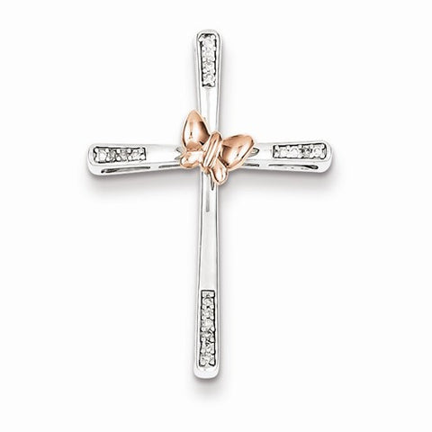 Sterling Silver Rhodium 14k Rose Gold Butterfly Diamond Cross Pendant, Pendants for Necklace