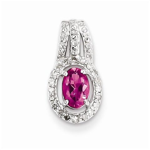 Sterling Silver Rhodium Plated Dia. & Pink Tourmaline Oval Pendant, Pendants for Necklace