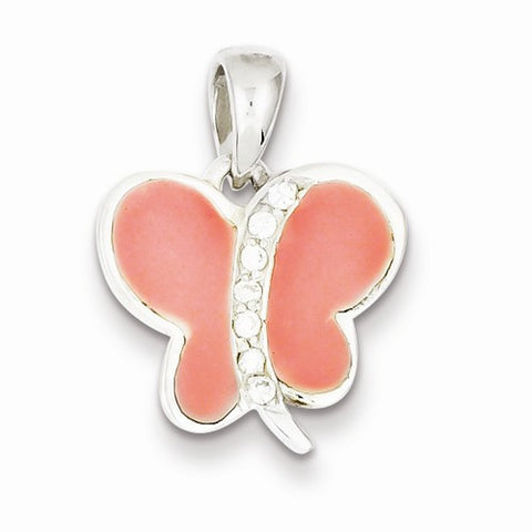 Sterling Silver CZ and Pink Enameled Butterfly Pendant, Pendants for Necklace
