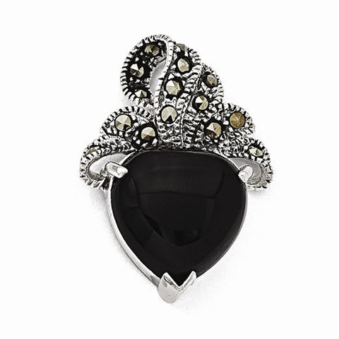 Sterling Silver Marcasite and Onyx Heart Pendant, Pendants for Necklace