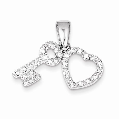 Sterling Silver CZ Heart & Key Fancy Pendant, Pendants for Necklace
