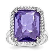 Sterling Silver Rectangle Clear & Purple CZ Ring