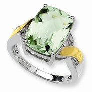 Sterling Silver & 14k Yellow Gold Green Amethyst & Diamond Ring