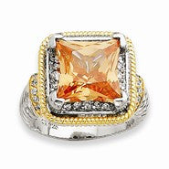 Sterling Silver & Flash Gold-plated Fancy Square Champagne CZ Ring