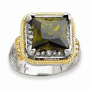 Sterling Silver & Flash Gold-plated Fancy Square Green CZ Ring