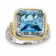 Sterling Silver & Flash Gold-plated Fancy Square Blue CZ Ring