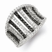 Sterling Silver Polished Black & White CZ Stripes Ring