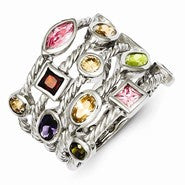 Sterling Silver Multi-Color, Multi-Shaped Gem 5-Strand Ring