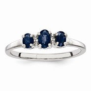 Sterling Silver w/Rhodium 3 Oval Sapphire & Diamond Ring