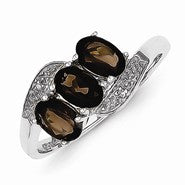 Sterling Silver w/Rhodium 3 Pear Smokey Quartz & Diamond Ring