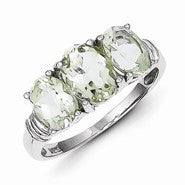 Sterling Silver w/Rhodium 3 Pear Green Quartz & Diamond Ring