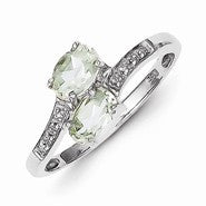 Sterling Silver w/Rhodium Green Quartz & Diamond Ring