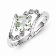 Sterling Silver w/Rhodium Princess-cut Green Quartz & Diamond Ring