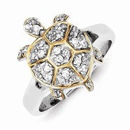 Sterling Silver Center CZ and Flash Gold-Plated Turtle Ring