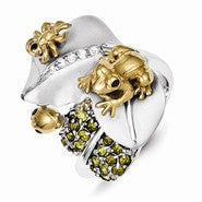Sterling Silver Toad & Bugs on Satin CZ Leaf Ring