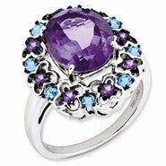 Sterling Silver Amethyst, Rhodolite Garnet & Swiss Blue Topaz Ring