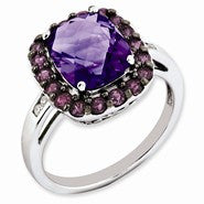 Sterling Silver Amethyst, Rhodolite Garnet & Diamond Ring