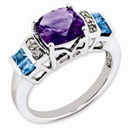 Sterling Silver Amethyst, Light Swiss Blue Topaz & Diamond Ring