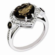 Sterling Silver Diamond & Smokey Quartz Gemstone Ring