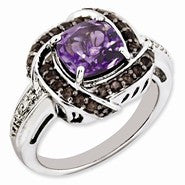 Sterling Silver Amethyst and Smokey Quartz & Diamond Ring