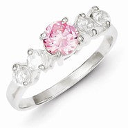 Sterling Silver Pink Round CZ with Side Stones Ring