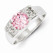 Sterling Silver Pink Round with Pave Sides CZ Ring