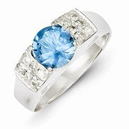 Sterling Silver Light Blue Round with Pave Sides CZ Ring