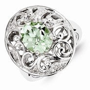 Sterling Silver Green Quartz and Diamond Ring