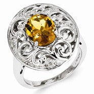 Sterling Silver Whiskey Quartz and Diamond Ring